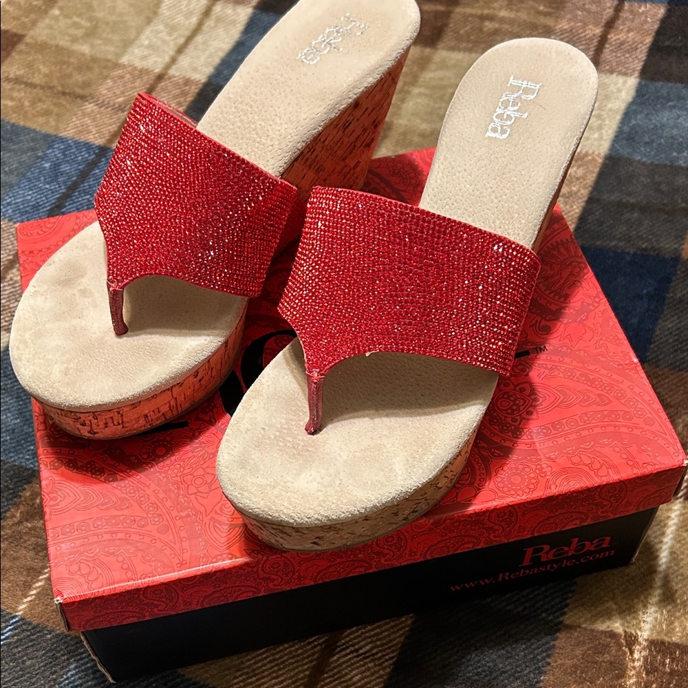 Reba Red Rhinestone Wedge Sandals with Cork Platform